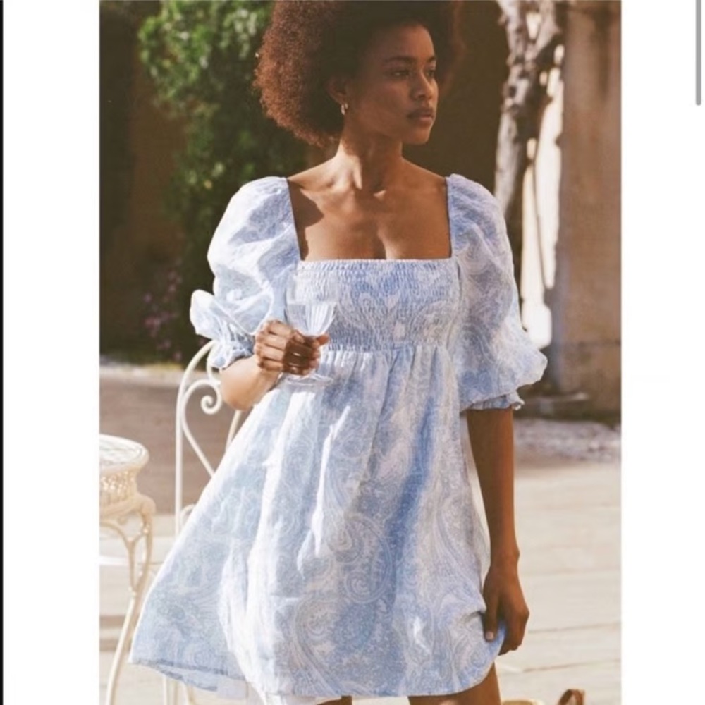 Faithfull the Brand Calista Blue Paisley Smocked Linen Dress